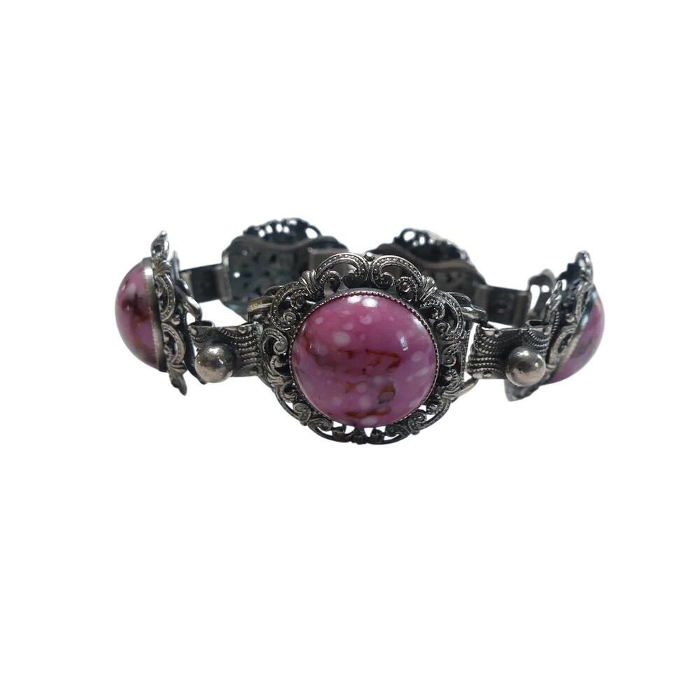 Vintage Silver Bracelet with Pink Cabochons